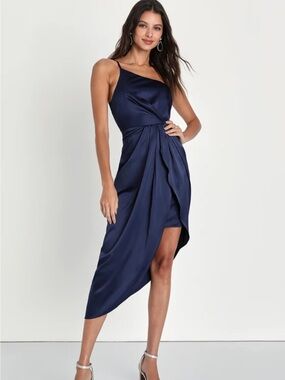Lulus Law of Attraction Navy Blue One-Shoulder Asymmetrical Midi Dress